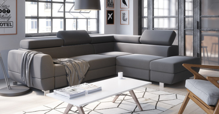 Canapé d'angle gris moderne avec mécanisme de lit