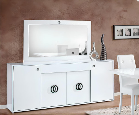 Table à manger avec 3 chaises, commode, miroir, luxe, bois, moderne, ensemble de design de 6 pièces.