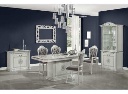 Ensemble de salle à manger table chaises commode vitrine groupe bois blanc 7 pièces