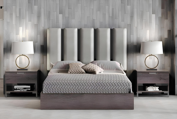 Ensemble de chambre à coucher matrimonial avec table de nuit, commode, miroir et lit rembourré de 6 pièces