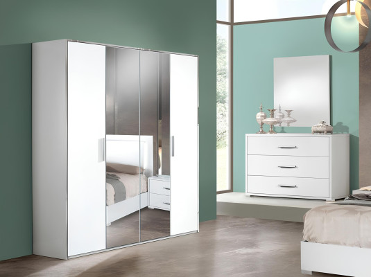 Ensemble de chambre moderne, table de nuit, armoire, commode et miroir blanc 6 pièces