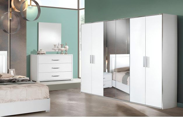 Ensemble de chambre à coucher de 6 pièces lit table de chevet armoire commode miroir