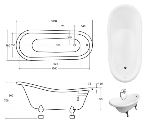 Baignoire autonome de style vintage, baignoire classique, neuve