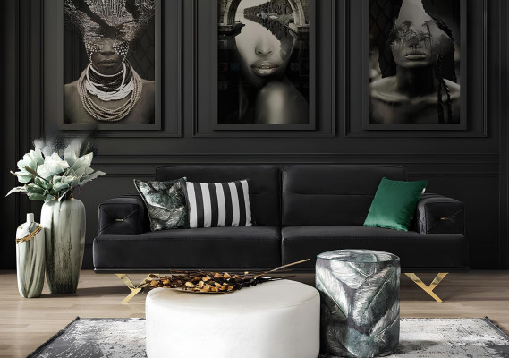 Canapé 3 places noir meubles de salon table basse pouf design moderne