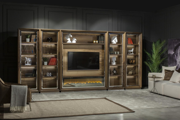 Mur de salon de luxe, 448 cm, avec cheminée en bois