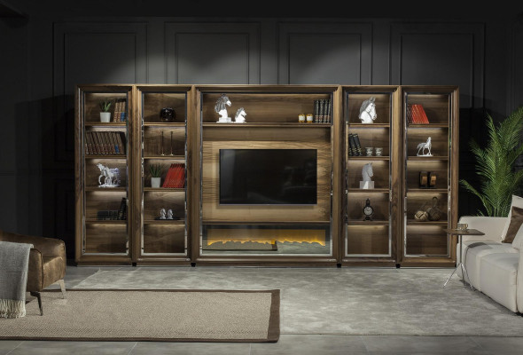 Mur de salon de luxe, 448 cm, avec cheminée en bois