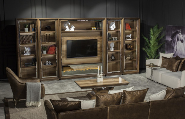Mur de salon de luxe, 448 cm, avec cheminée en bois