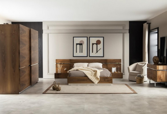 Ensemble de meubles de chambre à coucher parfait, comprenant une armoire, des tables de nuit et un lit en 4 parties