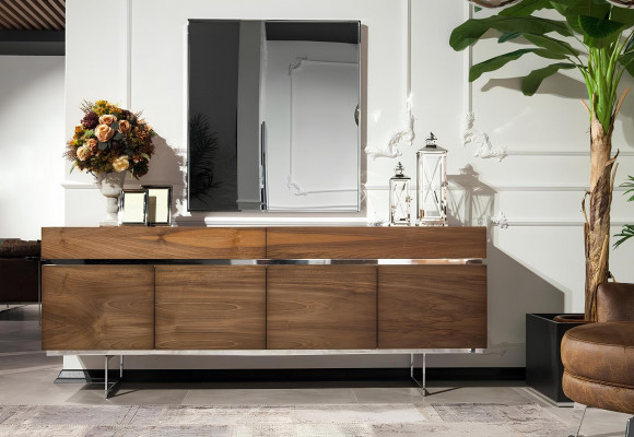 Table à manger avec 4 chaises à accoudoirs, compacte, miroir