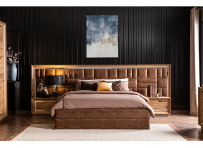 Ensemble de meubles de chambre à coucher avec lit + tables de nuit luxueuses en brun