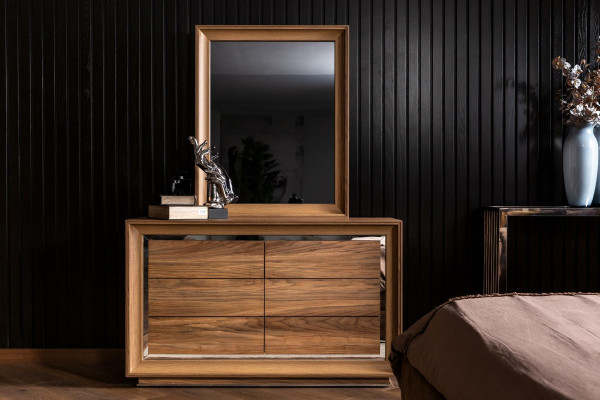 Commode brune moderne + miroir avec espace de rangement pratique