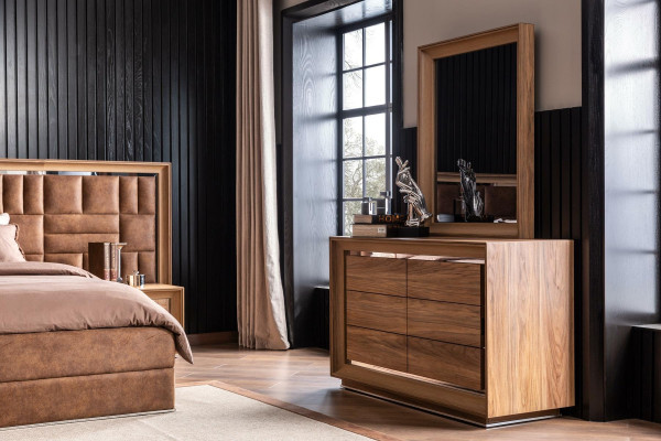 Commode brune moderne + miroir avec espace de rangement pratique