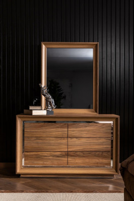 Commode brune moderne + miroir avec espace de rangement pratique