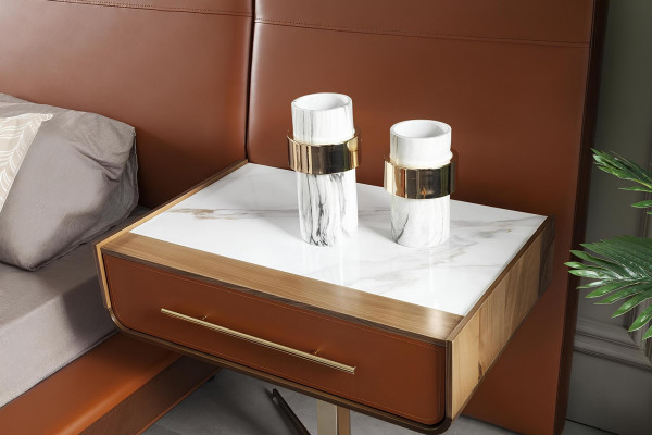 Ensemble de lit en terracotta luxueux avec tête de lit, commode et 4 tables de nuit