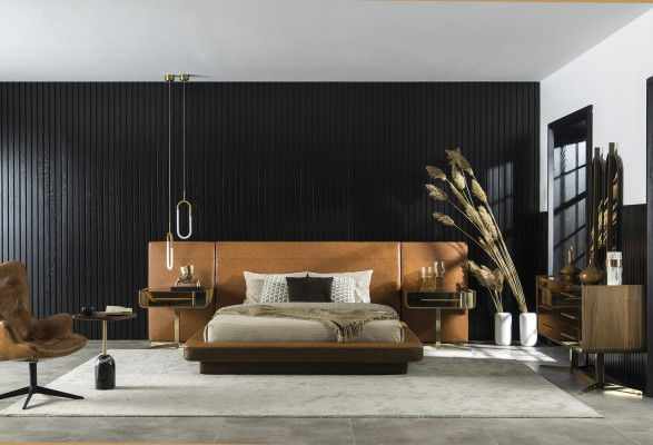 Conception de lit de chambre avec deux tables de nuit en verre luxueuses