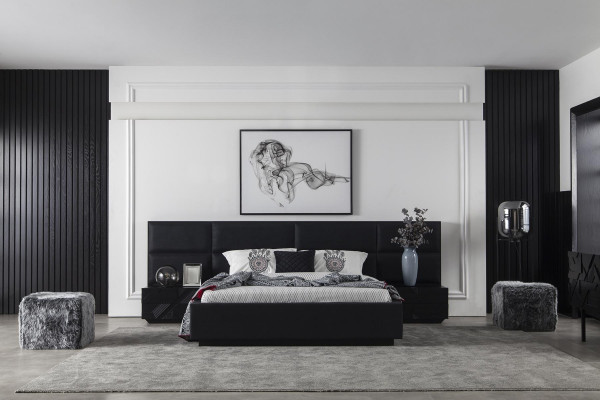 Lit rembourré noir moderne pour chambre à coucher de luxe