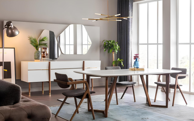 Groupe de salle à manger, table, chaises, commode 9 pièces en bois blanc