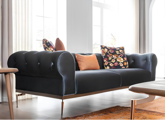 Canapé Chesterfield 3 places en tissu bleu