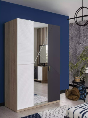 Armoire en bois grise avec trois portes et miroir pour chambre d'enfant
