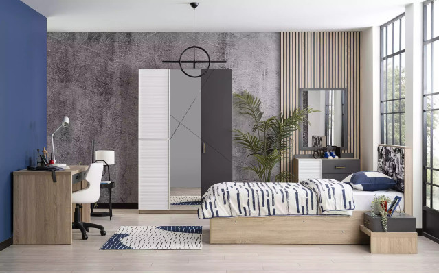 Armoire en bois grise avec trois portes et miroir pour chambre d'enfant