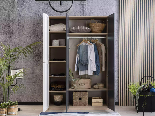 Armoire en bois grise avec trois portes et miroir pour chambre d'enfant