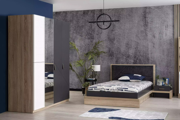 Armoire en bois grise avec 4 portes et miroir pour chambre d'enfants