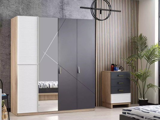 Armoire en bois grise avec 4 portes et miroir pour chambre d'enfants