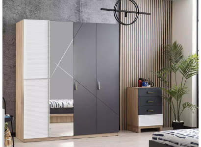 Armoire en bois grise avec 4 portes et miroir pour chambre d'enfants