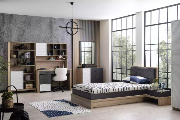 Lit double avec cadre en bois gris pour chambre d'adolescent moderne