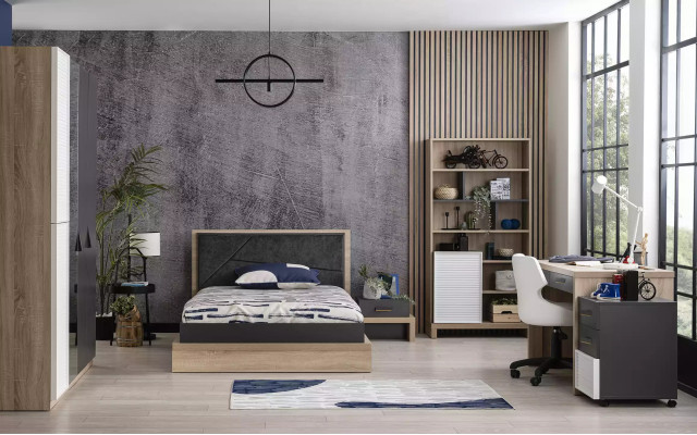 Lit double avec cadre en bois gris pour chambre d'adolescent moderne