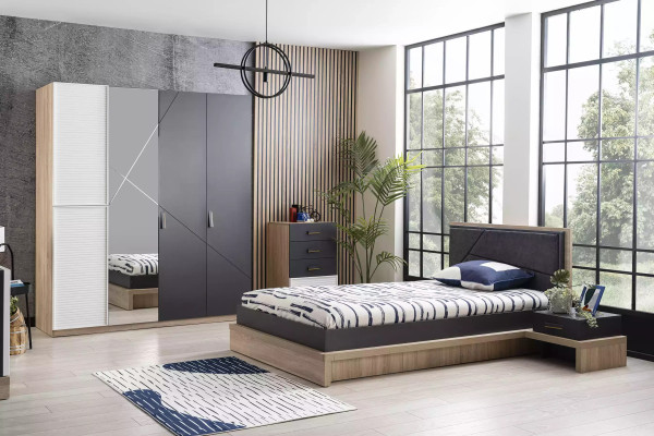 Lit double avec cadre en bois gris pour chambre d'adolescent moderne