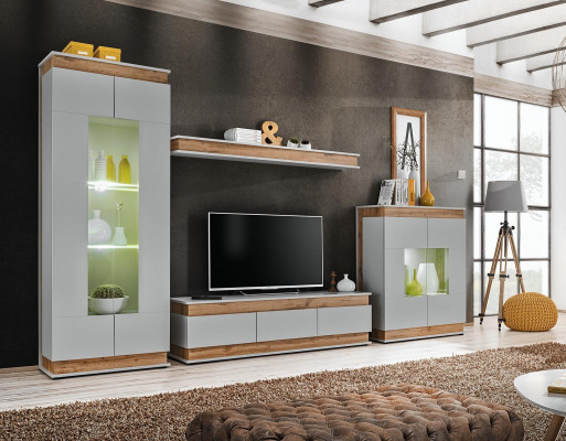 Mur moderne en bois gris marron avec support TV 2x vitrines design de luxe