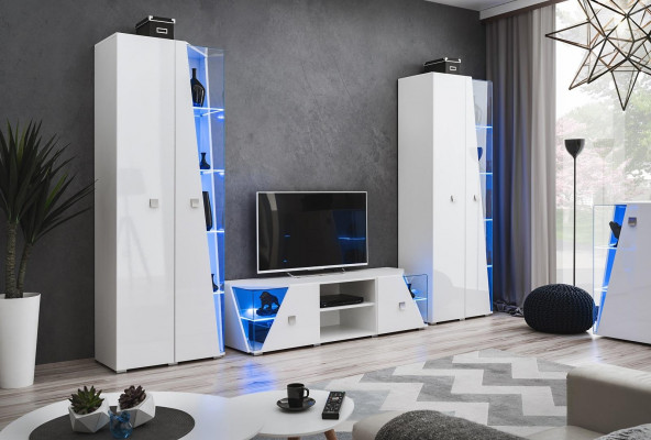 Ensemble de meubles de salon blanc luxueux avec mur moderne, 2 vitrines et support TV, 3 pièces