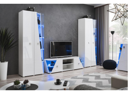 Ensemble de meubles de salon blanc luxueux avec mur moderne, 2 vitrines et support TV, 3 pièces