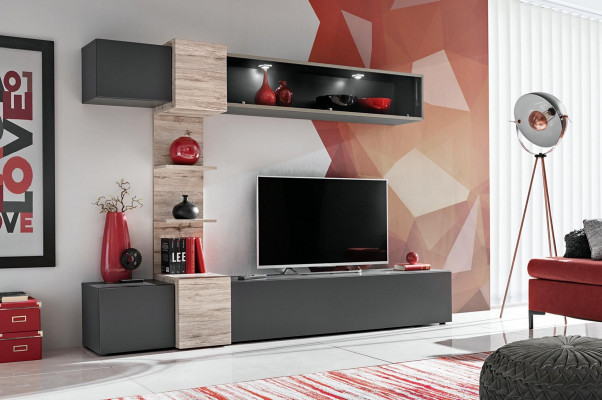 Ensemble mural moderne design pour salon avec étagères grises et support TV