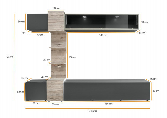 Ensemble mural moderne design pour salon avec étagères grises et support TV
