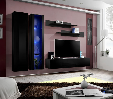 Ensemble de meubles de salon de 5 pièces. Meuble mural au design moderne avec support pour TV et étagères
