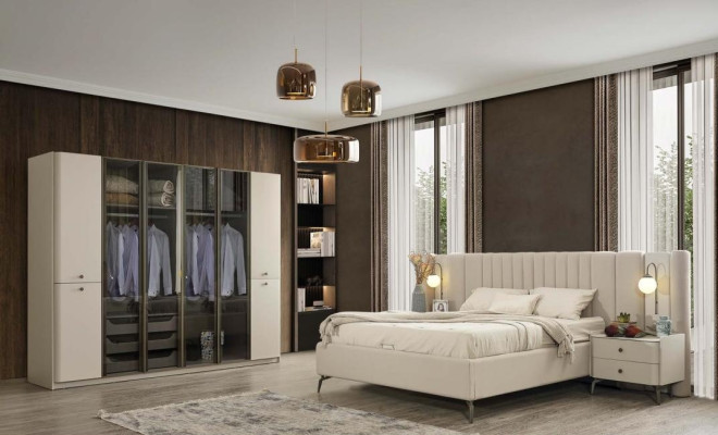 Mobilier de chambre moderne lit design en bois 2x tables de nuit 4 pièces