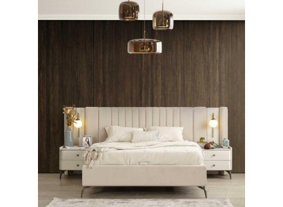 Ensemble de meubles rembourrés pour chambre blanche avec lit matrimonial élégant et 2 tables de nuit