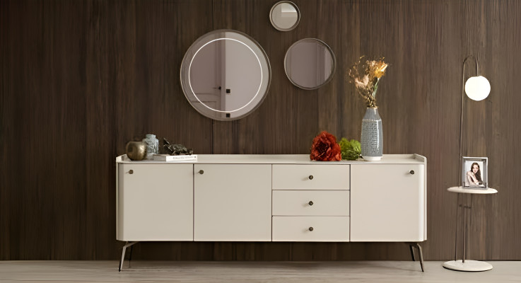 Ensemble de salle à manger blanc design avec 6 chaises rembourrées et buffet