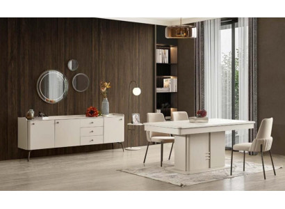 Moderne combinaison de salle à manger table en bois 4x chaises en tissu élégant buffet 6 pièces