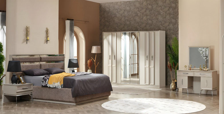 Ensemble de chambre à coucher de 6 pièces design de luxe meubles complets gris lit armoire