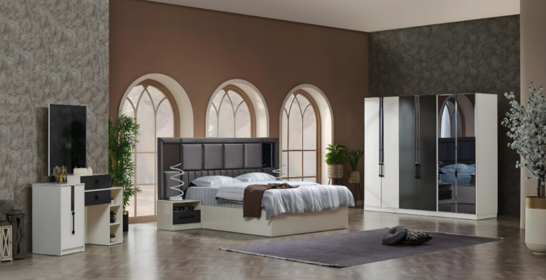 Lit matrimonial de luxe en bois avec 2 tables de nuit, ensemble de 6 pièces