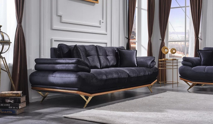 Canapé trois places pour salon en tissu gris, meubles rembourrés luxueux