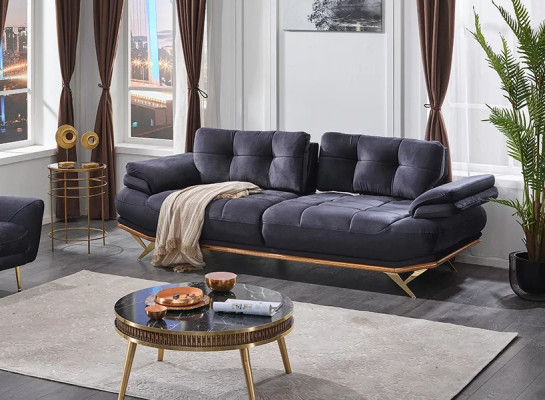 Canapé trois places pour salon en tissu gris, meubles rembourrés luxueux