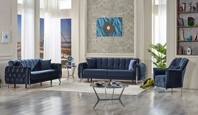 Canapé complet bleu 3+3+1 places meubles rembourrés textiles