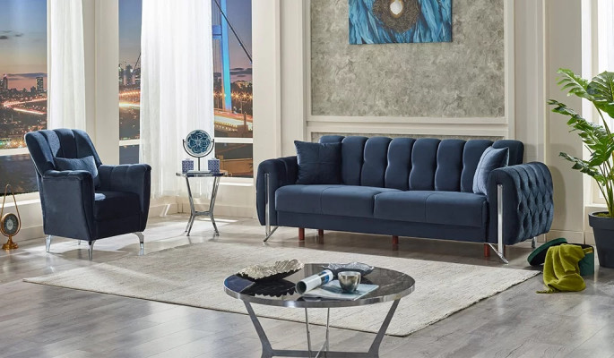 Jeu de canapés rembourrés de luxe 2 pièces 3+1 bleu tissu