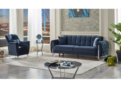 Jeu de canapés rembourrés de luxe 2 pièces 3+1 bleu tissu