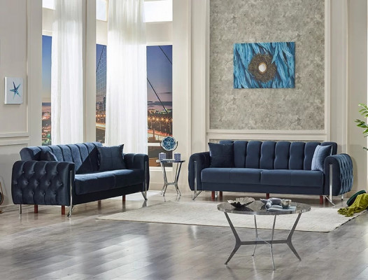 Meubles rembourrés 2x canapé trois places complet en tissu bleu pour salon