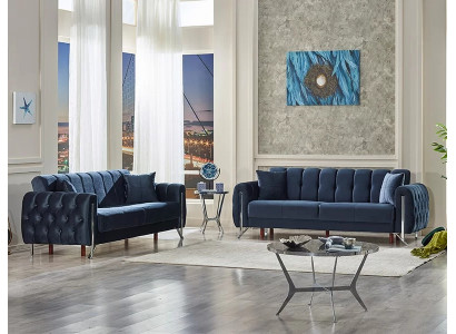 Meubles rembourrés 2x canapé trois places complet en tissu bleu pour salon